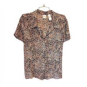 Vintage Leopard Cheetah Print Short-Sleeve Semi-Sheet Button Up Blouse 🐆